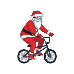 Naklejka premium Vector illustration of Santa Claus wearing a traditional red suit, white beard, and blue goggles while riding a black BMX bicycle, isolated on a solid white background.