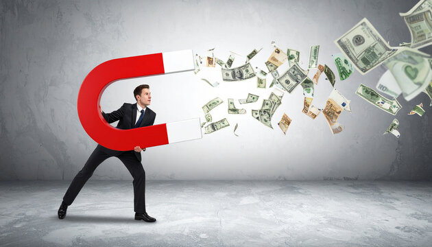 Businessman using giant magnet to attract flying money