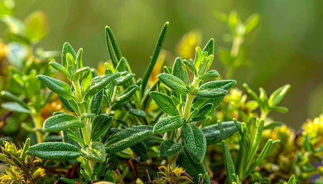 Close-up showcases lush, green thyme plant with delicate leaves, set against a blurred, verdant backdrop
