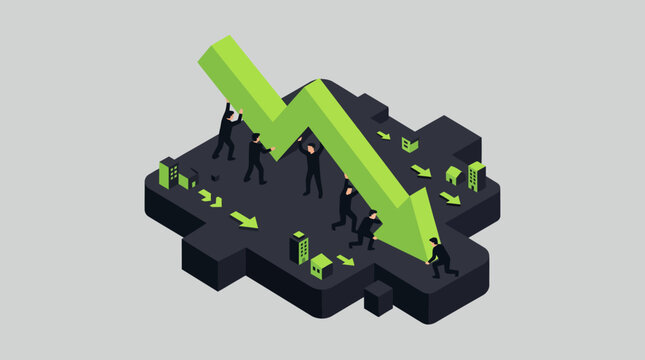 Isometric Business Teamwork Supporting Heavy Downward Chart Arrow During Financial Crisis