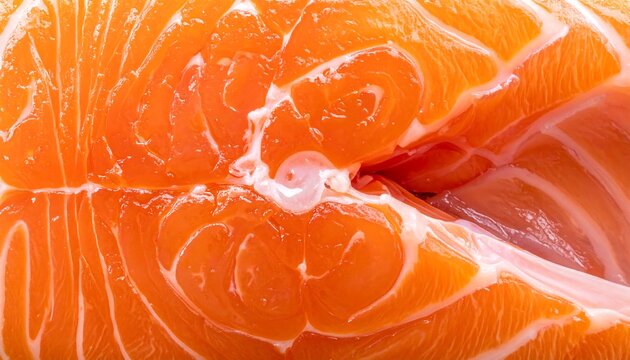 Close-up of a raw salmon steak showing muscle fibers with a vibrant orange hue and intricate marbling pattern