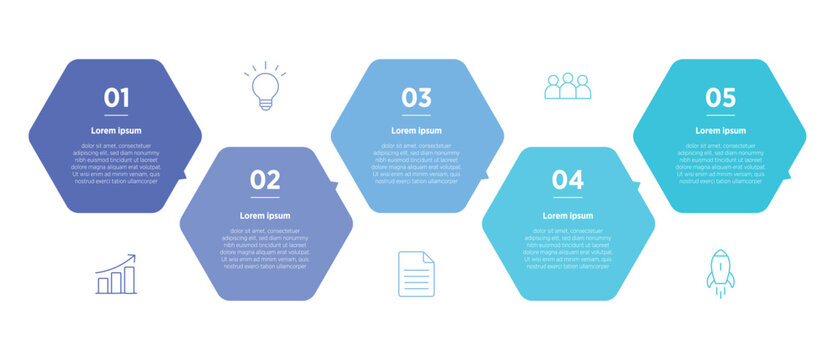 A modern 5-step hexagon infographic template designed to clearly present processes, options, or key points in a visually engaging hexagonal layout&mdash;perfect for business presentations, reports.