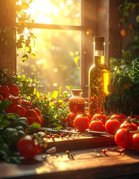 A serene still life with tomatoes and herbs on a wooden table