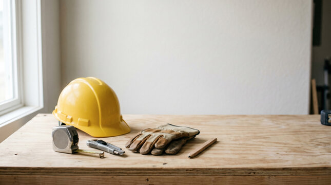 Safety helmet and carpentry tools on wooden table for home renovation project background. copy space