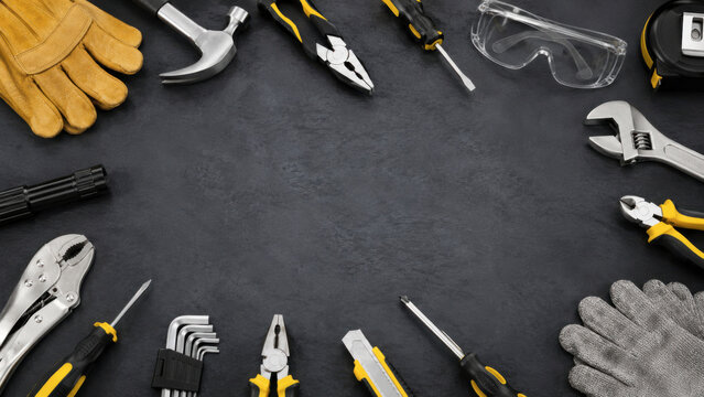 Hand tools flat lay frame on dark stone background with copy space for hardware store template. copy space