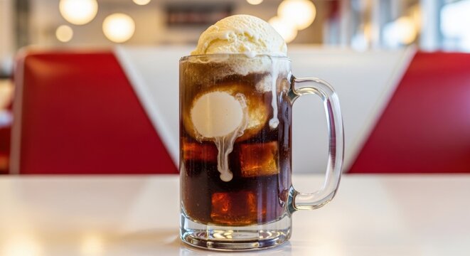 A Classic Root Beer Float Served in a Tall Glass Mug Overflowing with Creamy Ice Cream