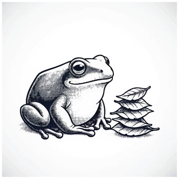 Frog sitting next to leaves calmly.