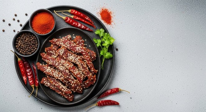 Spicy Beef Jerky with Sesame Seeds and Chili Peppers on a Black Plate