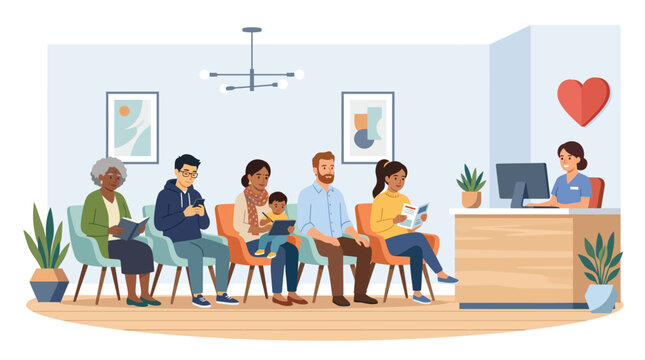 People waiting in a clinic reception area for medical attention