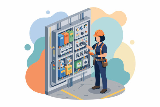 Female electrician monitoring industrial control panel switchboard