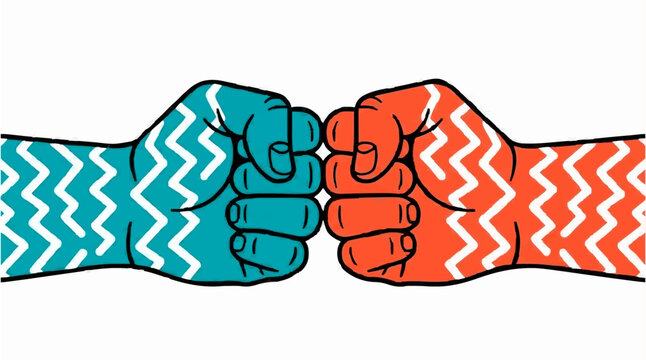 Two patterned fists bumping together, a minimalist flat vector illustration representing teamwork, partnership, and unity isolated on a plain background for creative design projects and concepts.