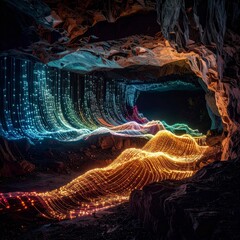 Fototapeta premium Vibrant flowing ribbons of pure digital data woven into intricate three dimensional patterns, illuminating a dark underground cave with neon light trails and technology concepts.