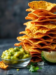 Obraz premium A stack of golden-brown tortilla chips served with a side of fresh guacamole, appetizers, delicious