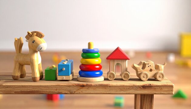 &ldquo;Classic wooden toys&mdash;horse, castle, stacking rings, and towers&mdash;rest on a table, symbolizing childhood imagination, play, and the timeless artistry of learning through creativity.&rdquo;