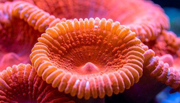 Close-up showcasing vibrant orange coral, detailed textures with concentric patterns, evokes underwater aquatic life