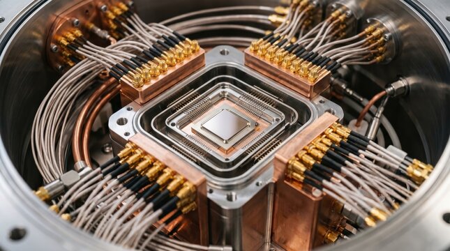 Close up view of quantum computer processor inside cryostat with copper wiring and gold connectors