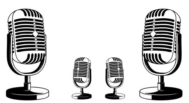 Vintage Microphone Icons, Retro Radio Mics, Black and White Illustration, Microphone Set, Vector Graphics