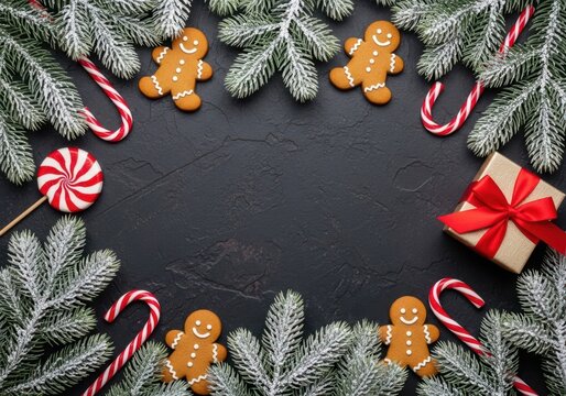 Festive Christmas Border with Gingerbread Cookies, Candy Canes, and Pine Sprigs on a Dark Textured Surface