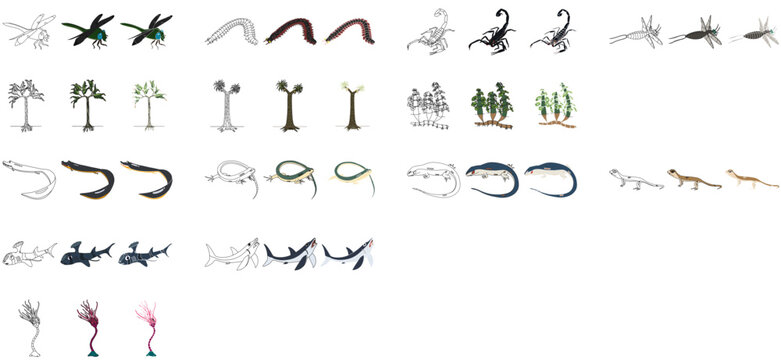 石炭紀の古生物のデフォルメイラストセット