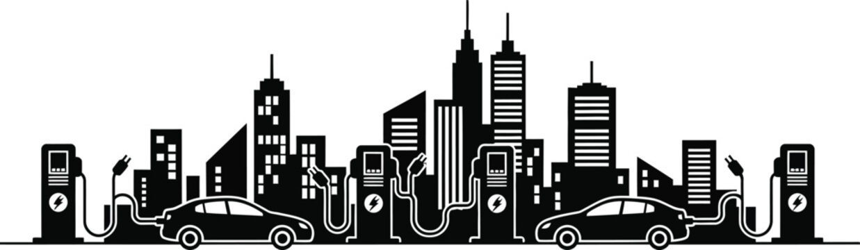 Electric vehicle charging infrastructure in modern city skyline illustration