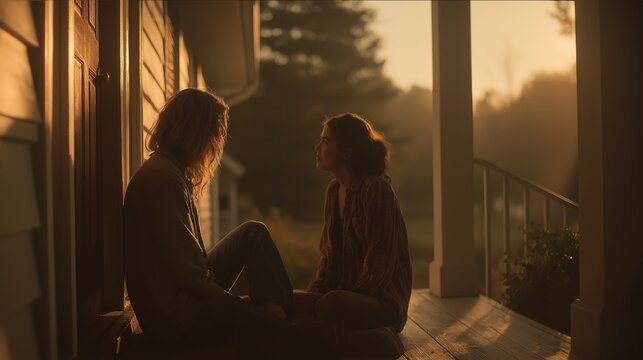 Two people sit facing each other on a porch at sunset, sharing an intimate, quiet moment in warm, golden light.