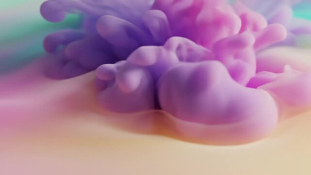 Abstract background of soft pastel color gradients featuring waves of mint green, pale yellow, and soft pink with a purple pigment cloud effect blending smoothly into the frame.