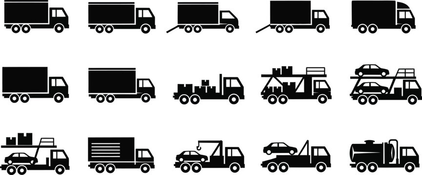 Variety of delivery trucks and vehicles silhouettes collection