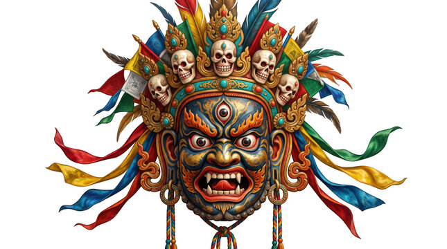 Tibetan buddhist wrathful deity mask isolated on transparent background
