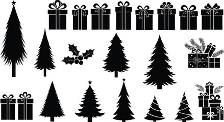 Obraz premium Black silhouette christmas elements collection trees gifts and holly
