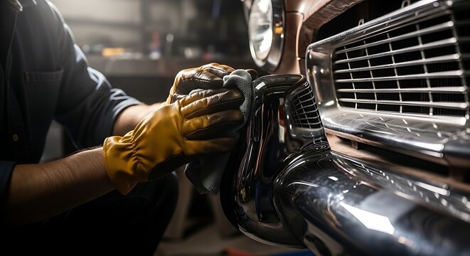 Classic Car Restoration Hand Polishing Chrome Bumper with Gloves in Garage Workshop Detail Maintenance Customization Automotive Hobby Vintage Vehicle Care