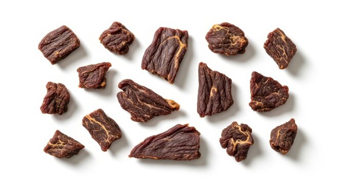 Savory Dried Beef Jerky Snacks Scattered and Isolated