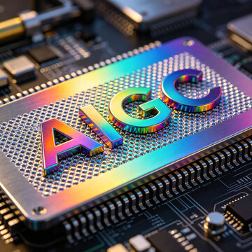 AIGC Plasma Colored Metal, featuring the "AIGC" logo, plasma structural colors on a nanostructured metal surface, angle-dependent color interference, and a rainbow-colored silver nanostructure.