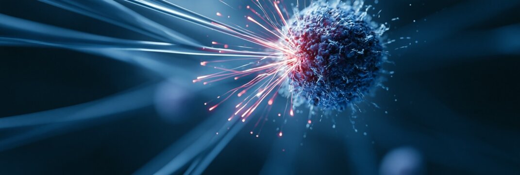 Focused view of a single hybridoma cell releasing luminous antibodies toward a suspended antigen accentuated by sterile biotech microchannels and dramatic bluewhite cinematic