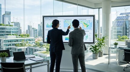Fototapeta premium Corporate executives analyzing renewable energy projects on large interactive screen display in high-rise office building with wind turbines and solar panels visible outside window