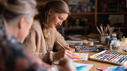 Fototapeta premium Two women engaged in painting at a cluttered table filled with brushes, paints, and art supplies in a cozy, creative setting.