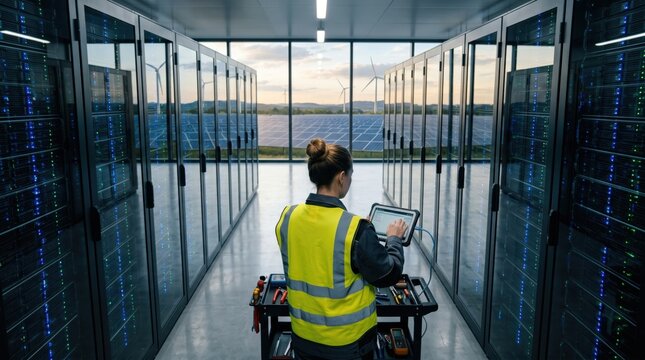 Technician maintaining server racks in data center with view of solar panels and wind turbines outside, green energy powered IT infrastructure and sustainability concept