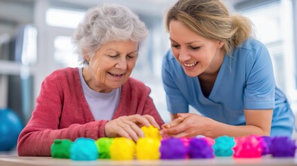 Obraz premium A young caregiver helps an elderly woman with a colorful therapy activity, promoting engagement and mental wellness.