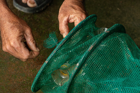Close up of an elderly fisherman hands weaving or repairing a green plastic mesh fish trap.