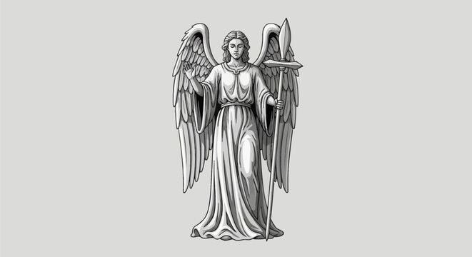 Monochromatic silver illustration of a standing herald angel with spread feathered wings, wearing long robes, holding a cruciform spear staff, right hand raised in blessing.