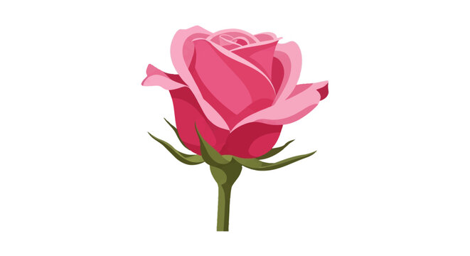 Single pink rose flower illustration in profile view featuring layered pink and magenta petals with green sepals and a short stem isolated on a white background vector graphic.