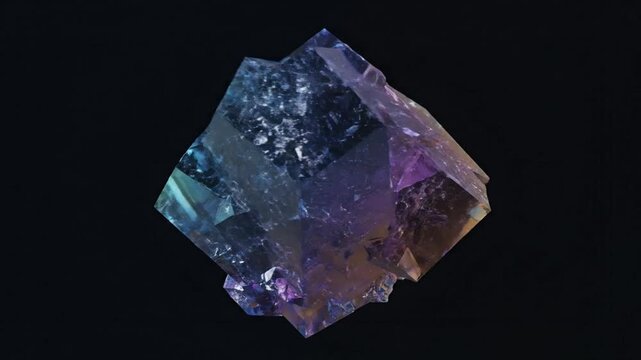 Iridescent Crystal Formation Rotating on Black Background - Abstract Geometric Mineral