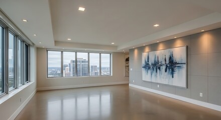 Fototapeta premium Spacious Modern Luxury Apartment Living Room with City View and Abstract Art
