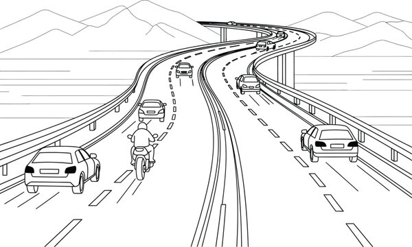Highway road bridge with traffic and mountain background road trip motorcycle transportation landscape mountains vehicular motorway perspective automotive movement traveling infrastructure
