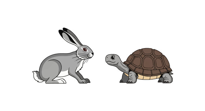Vector illustration of a grey hare and a brown tortoise facing each other on a white background, representing the classic Aesop's fable about a race between fast and slow animals.