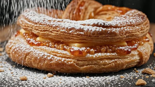 Close-Up Of Flaky Pastry Drizzled With Powdered Sugar On Dark Background Perfect For Culinary Projects