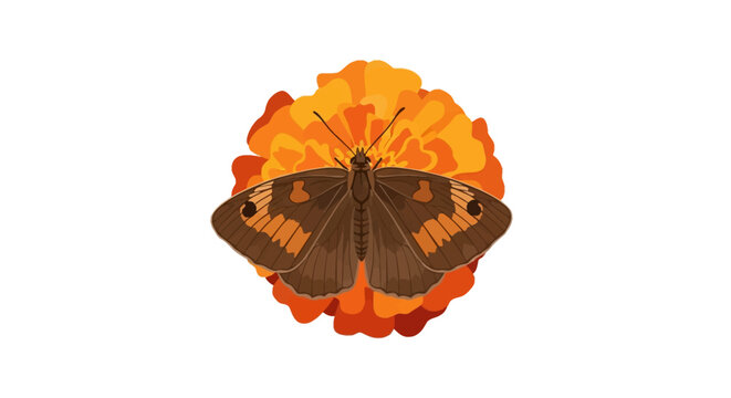 Overhead vector illustration of a brown butterfly with orange patches and black eyespots on its wings, resting on a vibrant orange marigold blossom, isolated on white background.