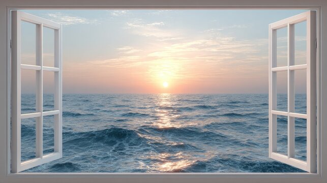 Ocean view through open window sunrise serene calm water horizon sky