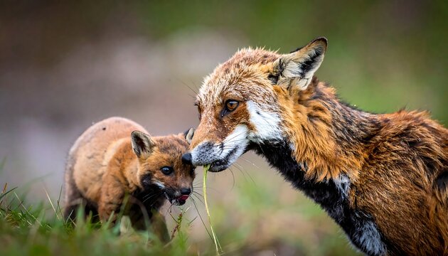 Close-up of a wet adult fox touching noses with its tiny fox cub in a grassy field