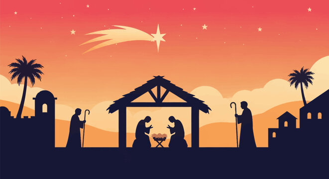 Silhouette of the Christian nativity scene with Mary, Joseph, and baby Jesus in a manger under a stable, with shepherds and palm trees against a sunset sky with the Star of Bethlehem.