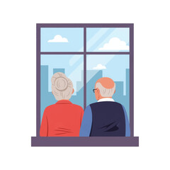 Obraz premium Flat vector illustration of an elderly senior couple viewed from behind, looking through a large glass window at a city skyline with buildings and clouds under a bright blue sky.